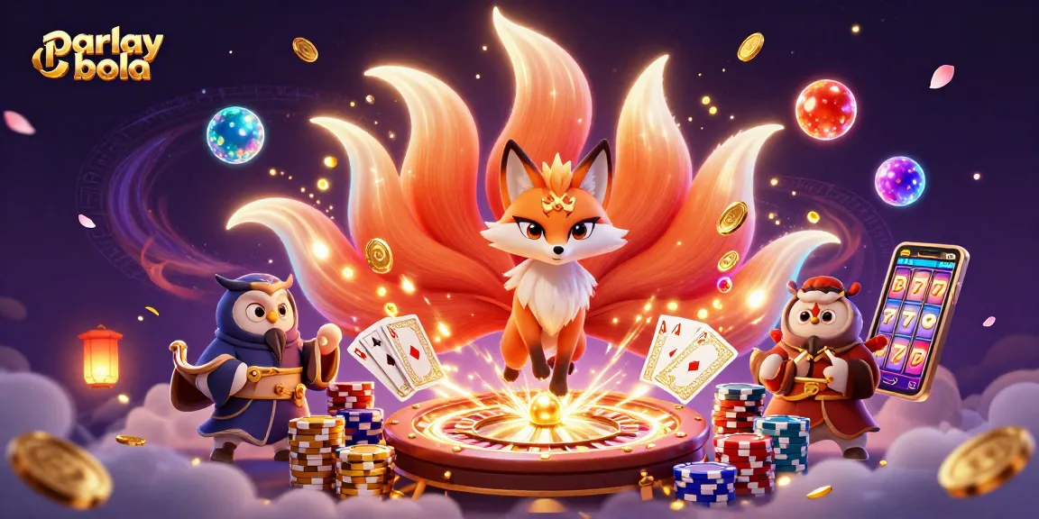 Engage in parlay bola with a vibrant 3D illustration showcasing a fox spirit, owl sage, and dynamic casino elements.