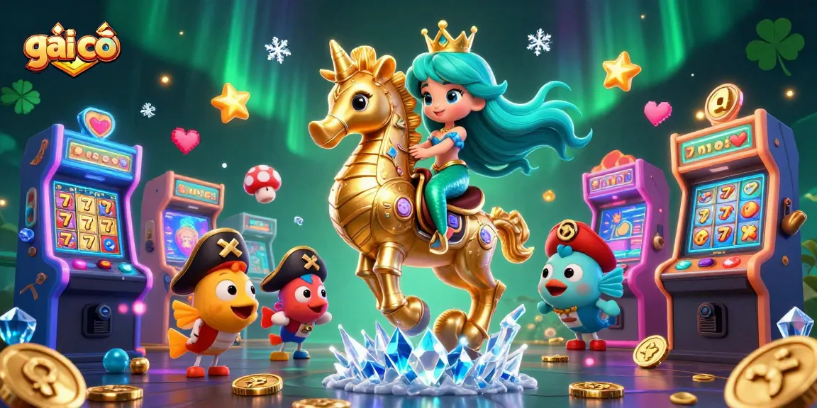 Engage in immersive casino fun with gái gọi-inspired mermaid and seahorse in a vibrant gaming scene.