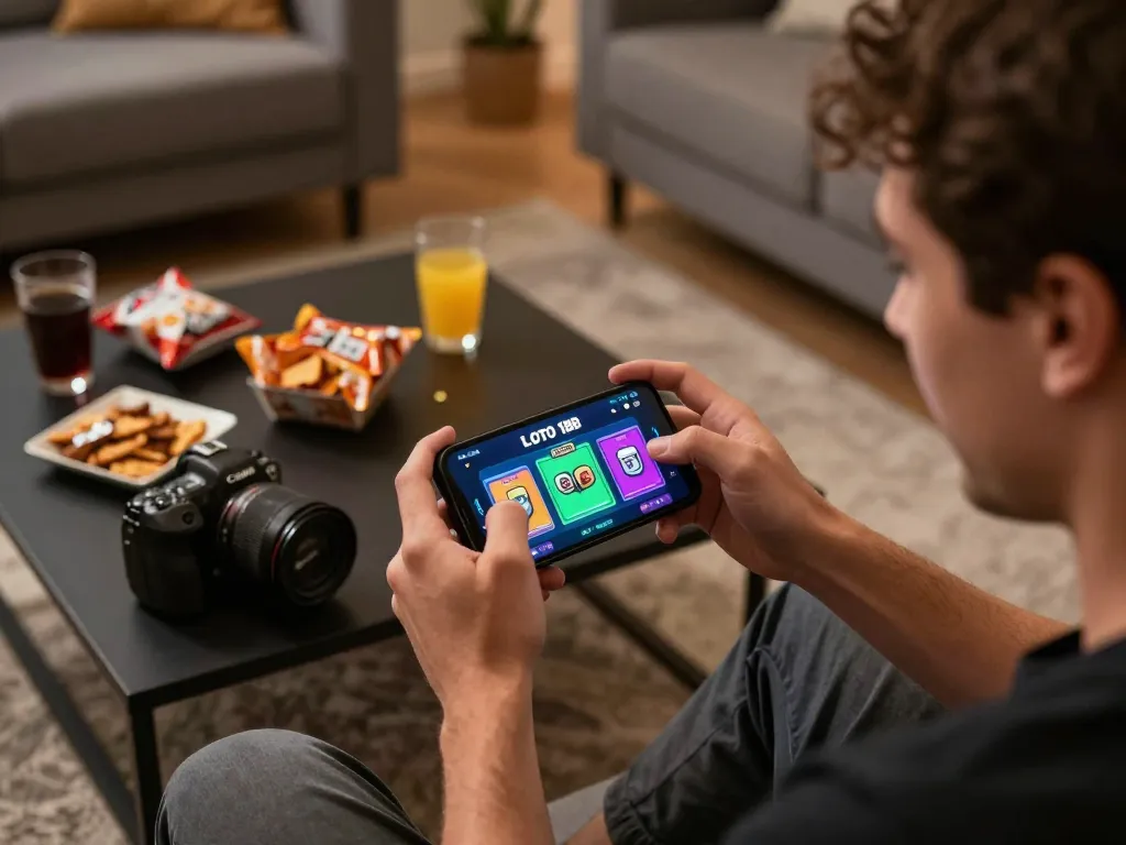 Engaging with LOTO 188 casino app on a smartphone in a cozy home setting while enjoying snacks.