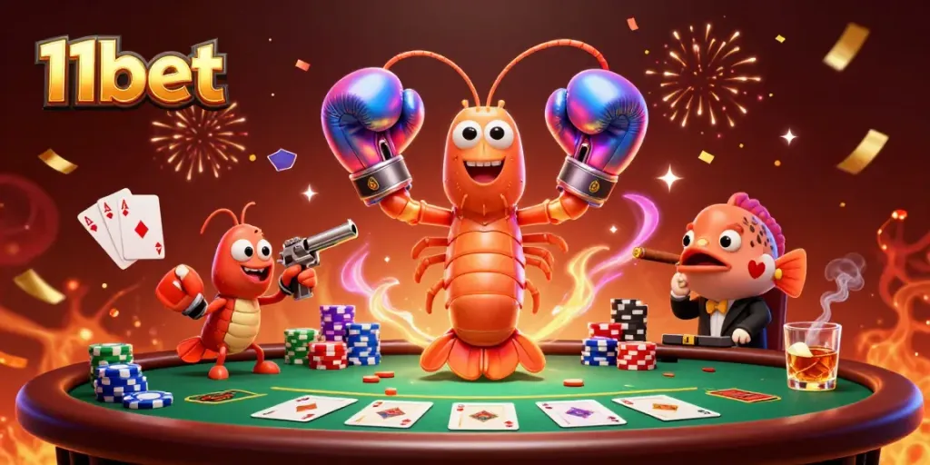 11bet game scene showcasing poker elements with vibrant shrimp characters, emphasizing casino excitement.