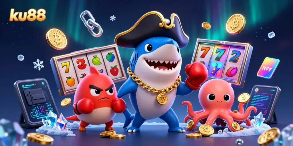 Join the fun at ku88 with a vibrant scene of cartoon characters celebrating jackpot wins and cryptocurrency thrills.