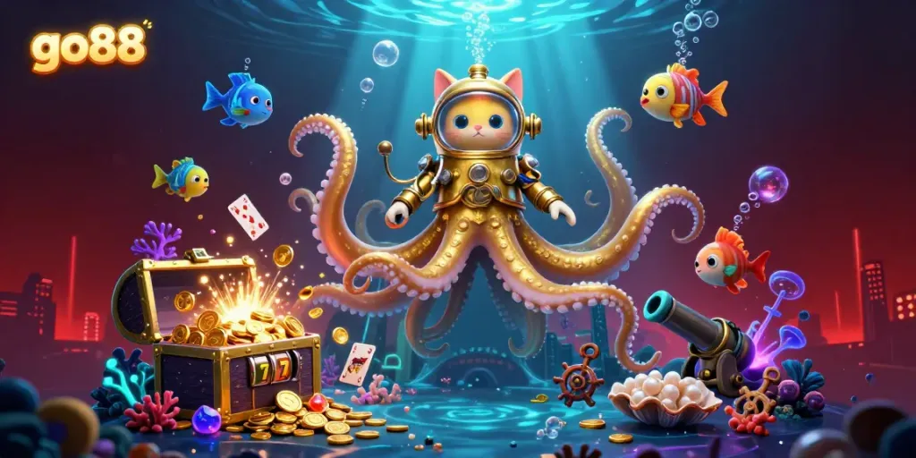 Experience the excitement of go88 with a colossal kraken and diving cat in a vibrant casino-themed ocean