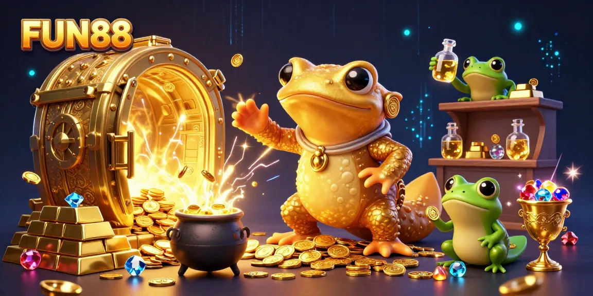 Engage with FUN88 at an animated casino scene featuring a golden salamander alchemist crafting wealth.