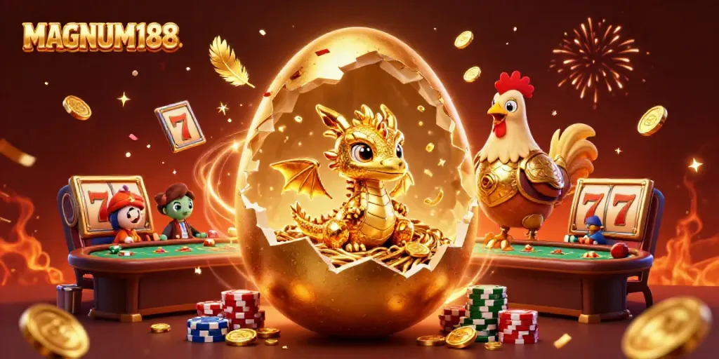 Experience the thrill of MAGNUM188 with a vivid scene of a golden dragon, poker chips, and festival elements.