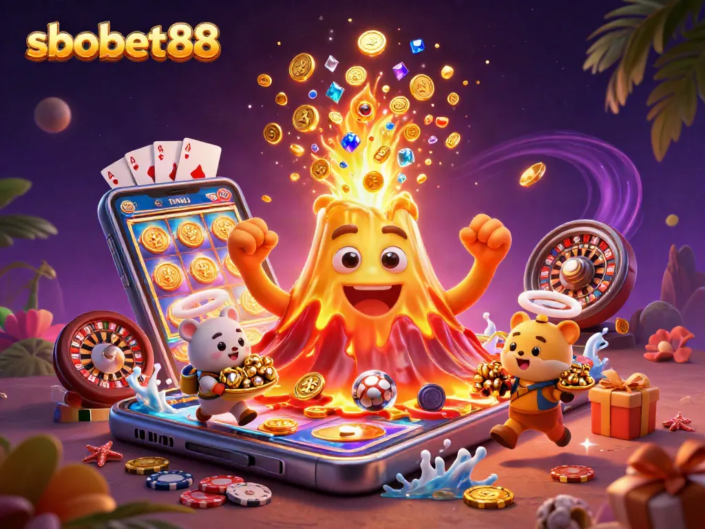 sbobet88 features a golden volcano releasing treasures, highlighting exciting online betting