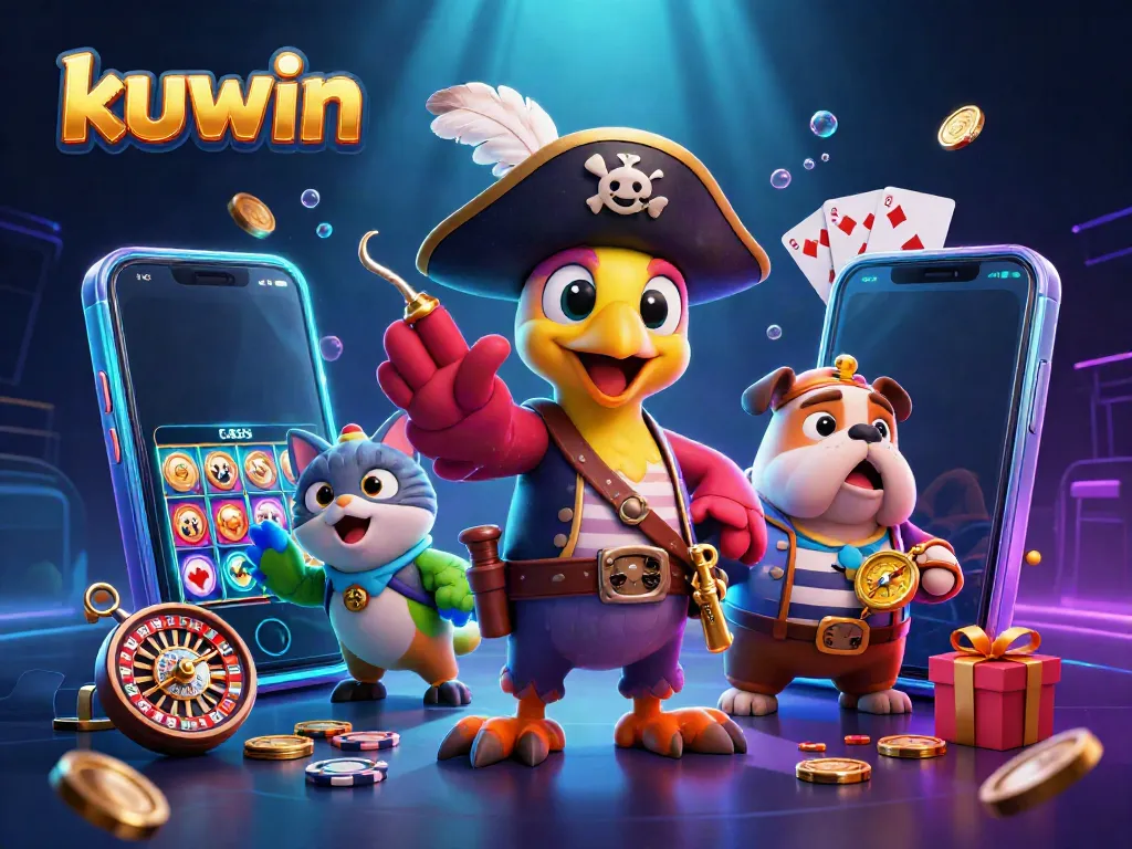Play thrilling games of chance with kuwin, featuring lucky symbols and casino elements in a vibrant scene.
