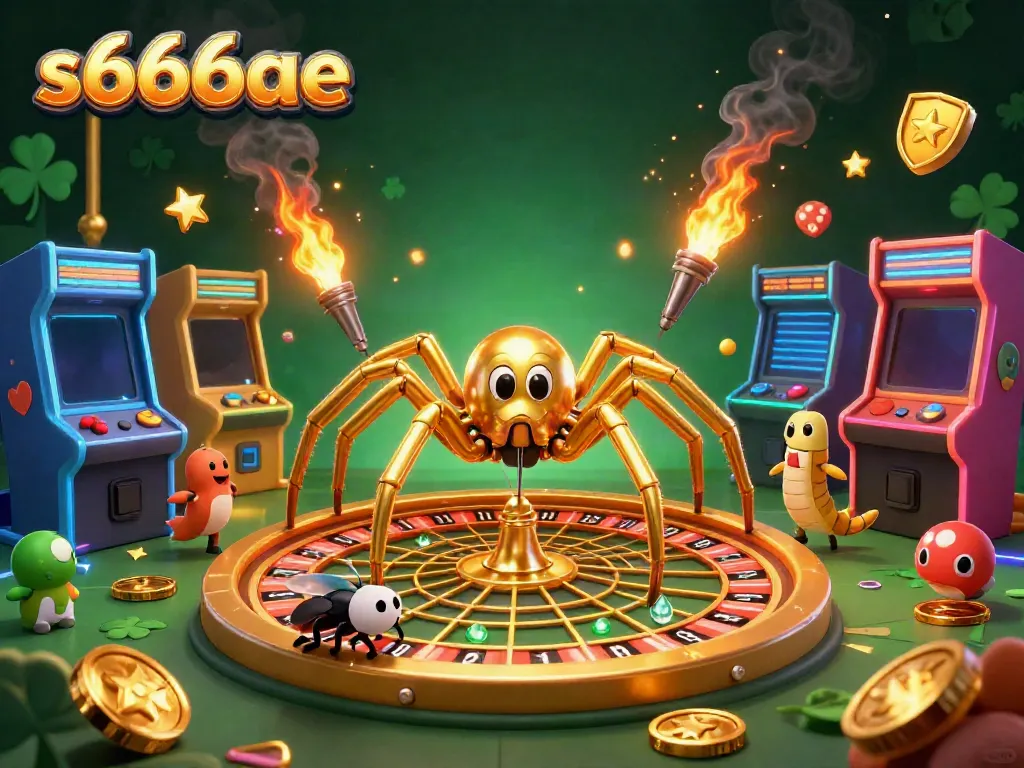 Experience dynamic excitement at s666ae with a golden spider and centipede croupier in a vibrant casino scene.