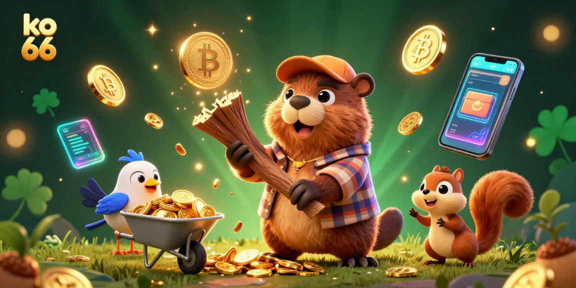 Spin the reels with ko 66 alongside a whimsical scene of beaver and friends collecting golden coins.