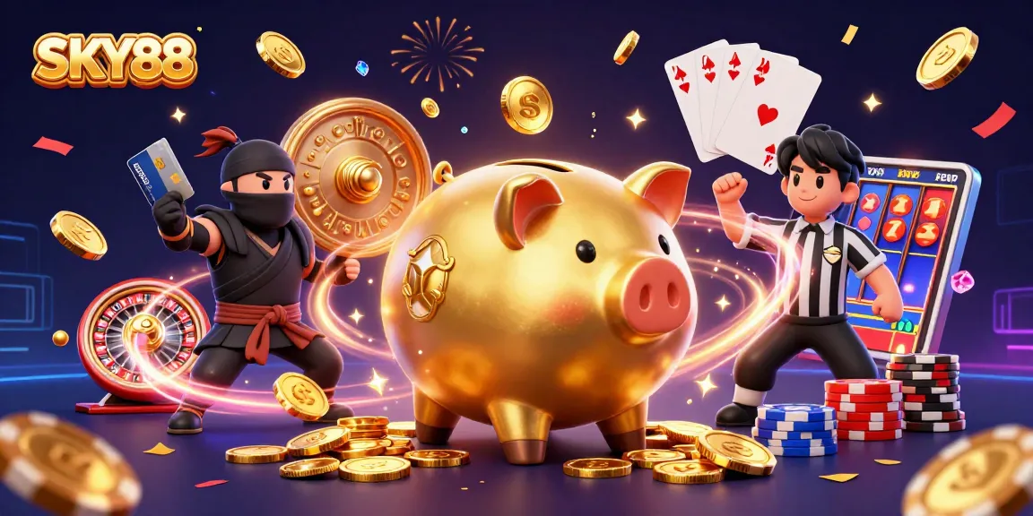 Experience high-stakes excitement with SKY88 as golden coins and jackpot symbols explode in action.
