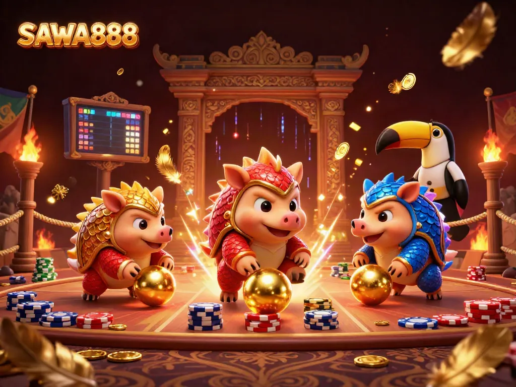 Watch SAWA888's dynamic pangolins bowling poker chips in a vibrant 3D casino scene.