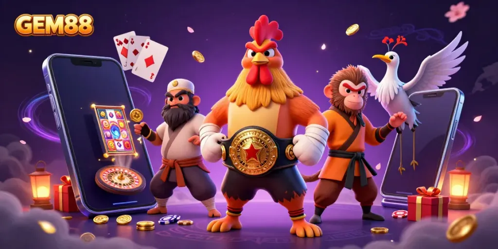 Experience the thrilling world of GEM88 with a vibrant scene featuring a Muay Thai rooster, Shaolin monkey, and crane master, surrounded by exciting casino elements.