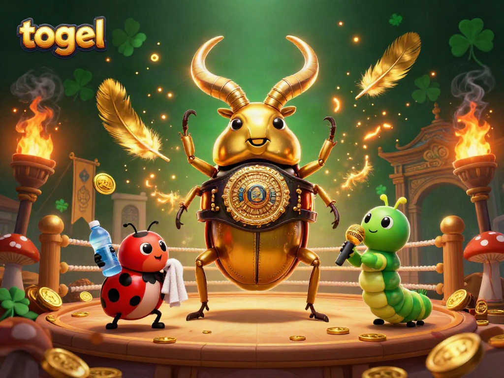 Engage in the vibrant world of togel with this dynamic illustration showing a beetle champion and lively casino elements.