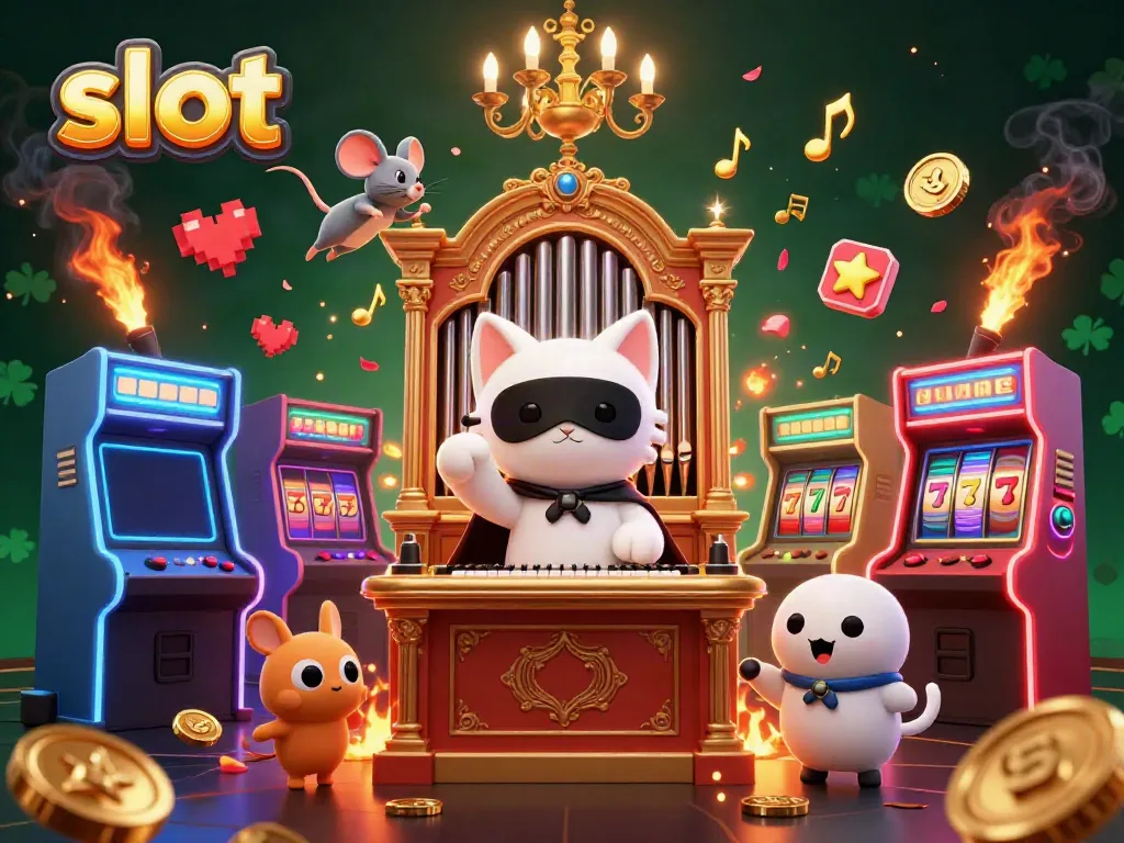 Experience thrilling slot animations with a 3D cat at a casino organ surrounded by colorful game elements.
