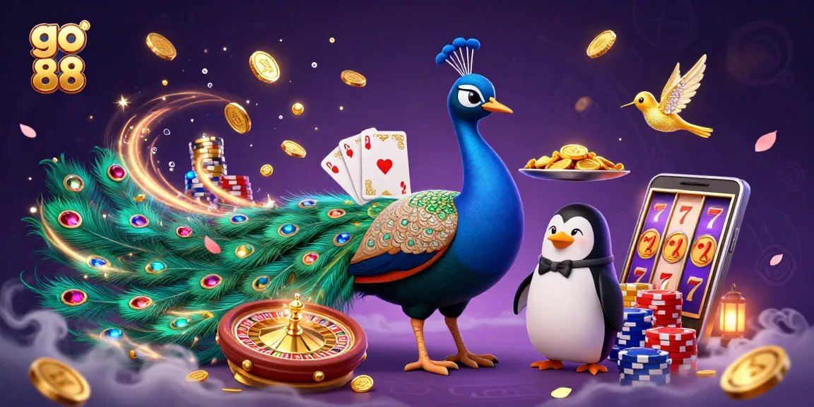 Experience the excitement of go 88 with colorful casino elements and animated characters celebrating winnings.