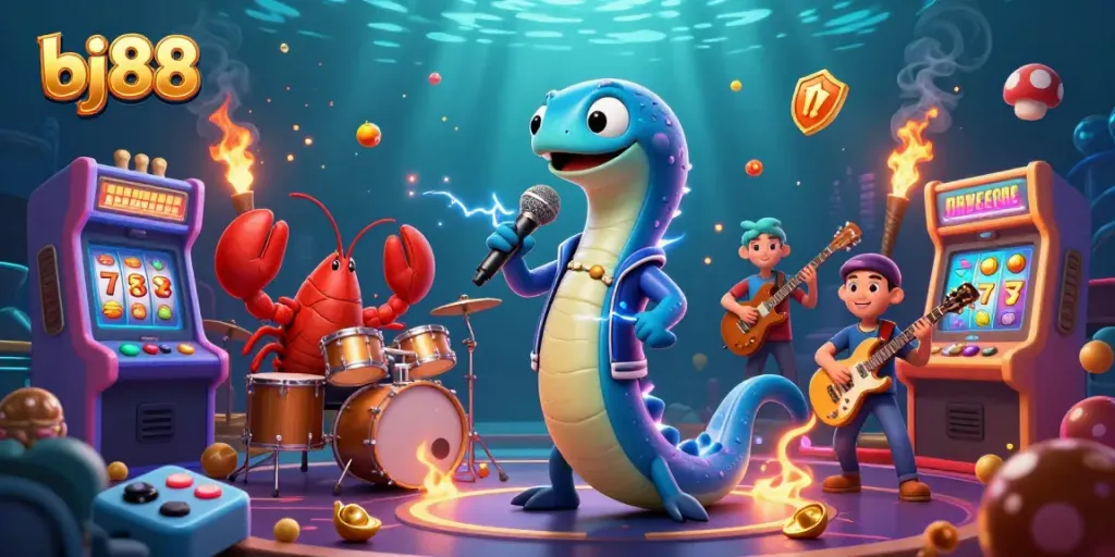 Experience the thrill of bj88 gaming with a vibrant underwater casino scene featuring an electric eel DJ, dynamic characters, and colorful game elements.