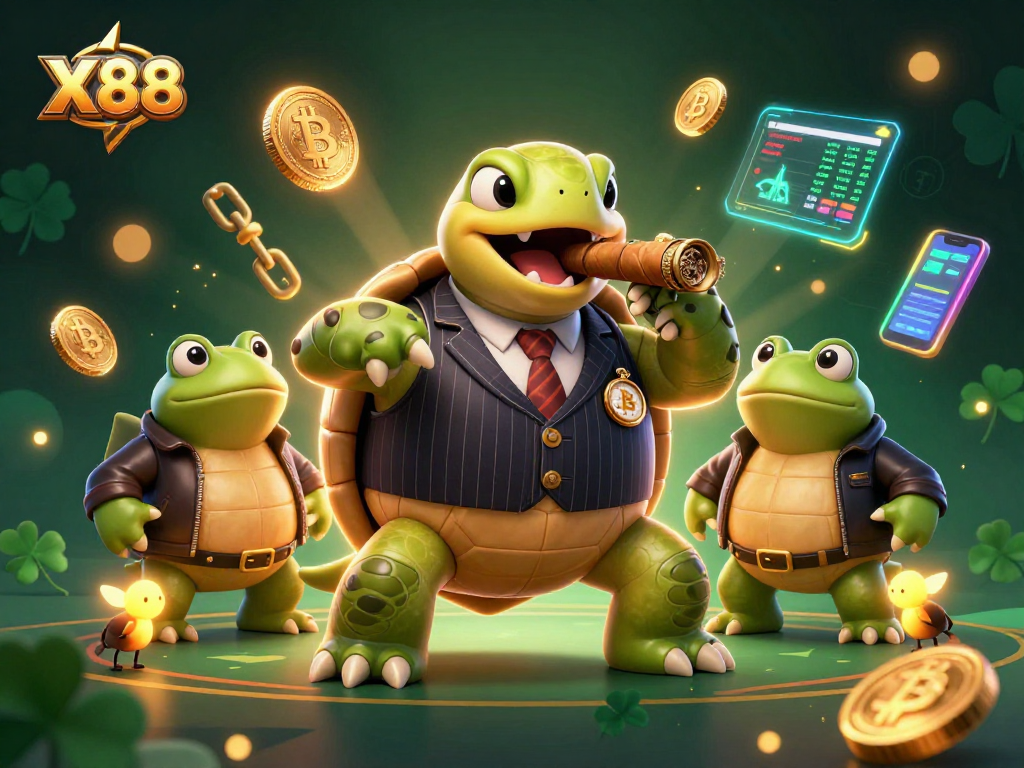 X88 captivates gamblers with an engaging scene showcasing crypto elements in a vibrant casino setting.
