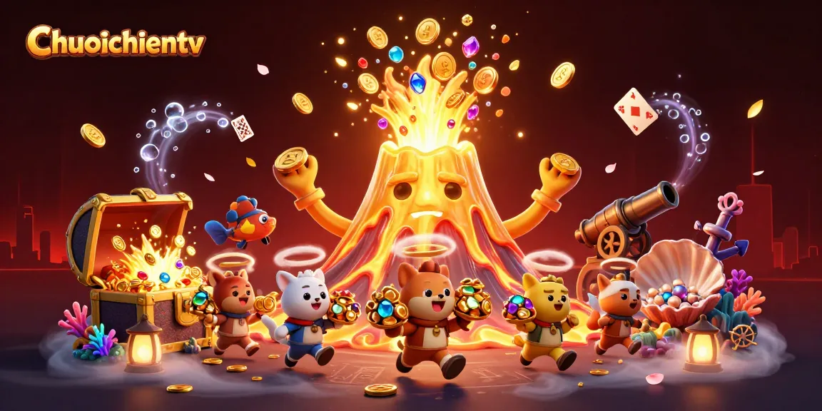 Experience thrilling moments with Chuoichientv as golden treasures erupt from a volcano in this vibrant casino scene.