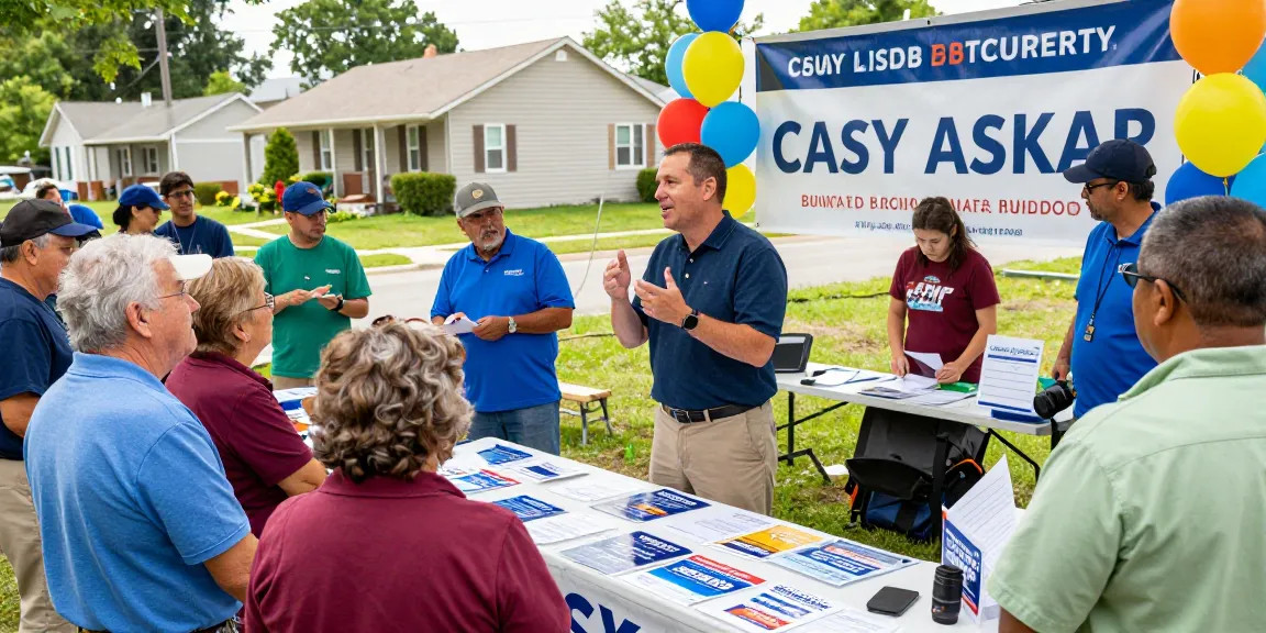 Casey Askar engaging with Florida voters at a community event, showcasing campaign materials and vibrant atmosphere.