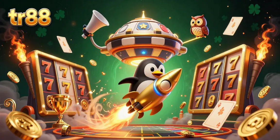 Experience thrilling tr88 gameplay with a golden penguin navigating a vibrant casino universe.