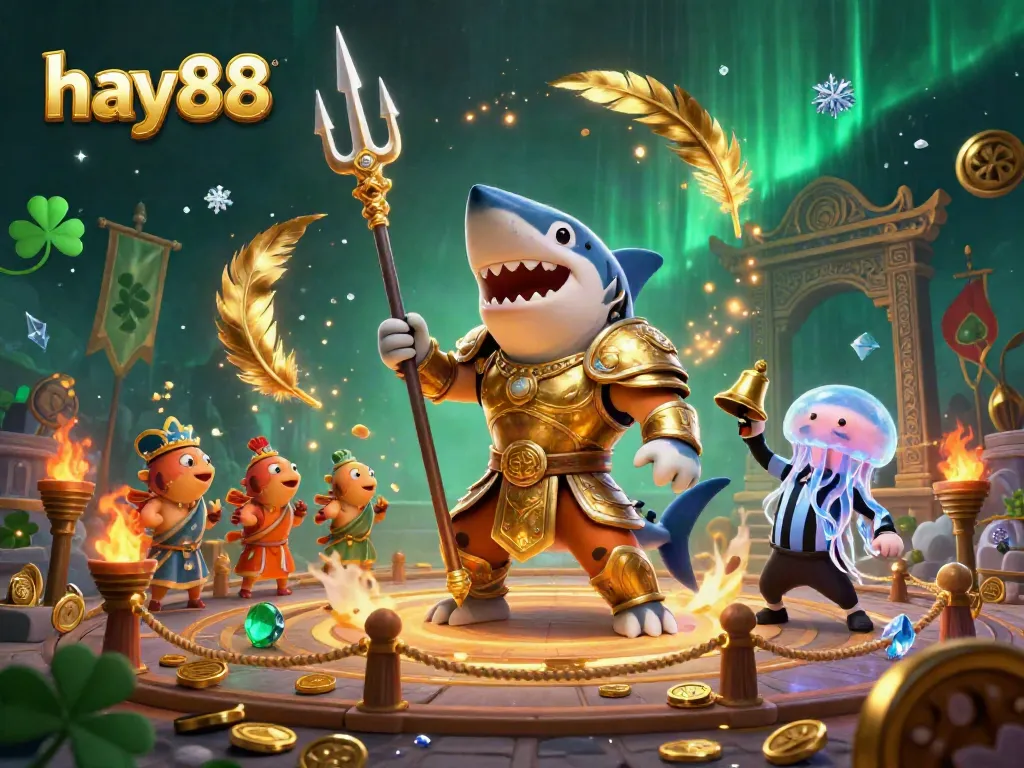 Experience thrilling gameplay at hay88 with a ferocious tiger shark in golden armor, surrounded by excitement.