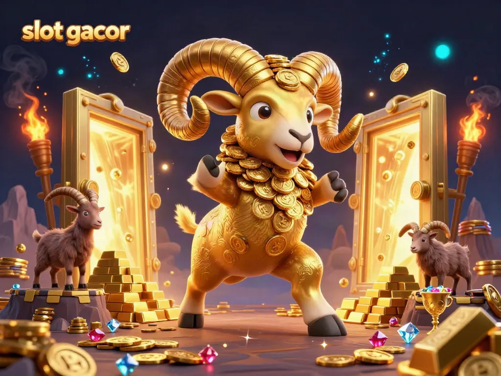 Experience the thrill of slot gacor with a golden ram charging through a treasure vault in this 3D casino scene.