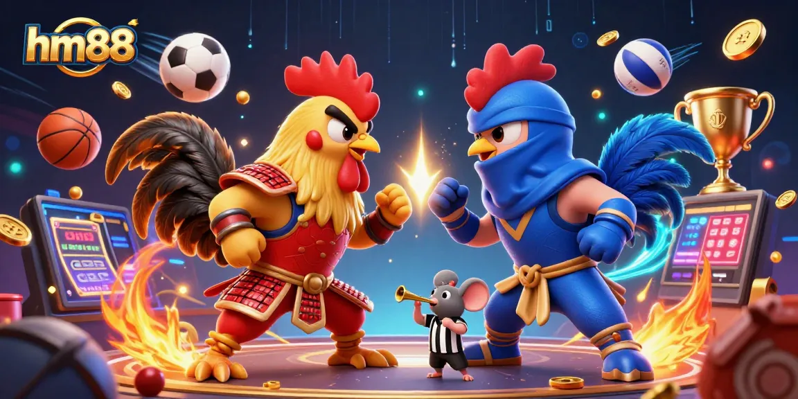 Engage in thrilling fights with hm88's rooster standoff, showcasing action-packed casino entertainment.