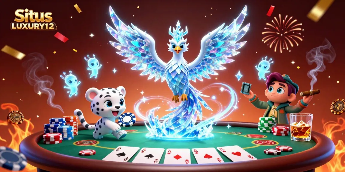 Situs LUXURY12 showcases a vibrant 3D scene with an ice phoenix and poker elements, perfect for gamblers.