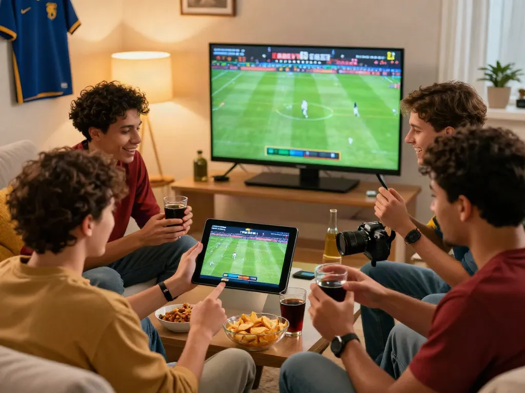 Friends enjoying live sports betting on FABET during a game, celebrating excitement and camaraderie.
