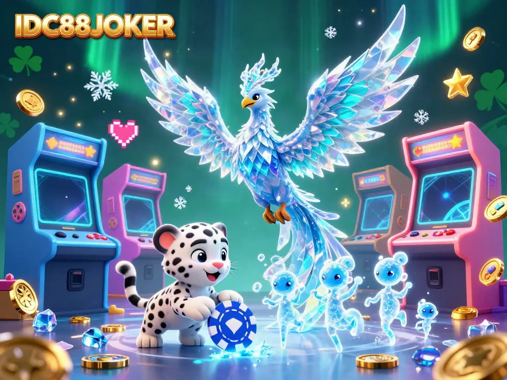 Experience exciting gaming with IDC88JOKER's vibrant characters and casino elements in this atmospheric illustration.