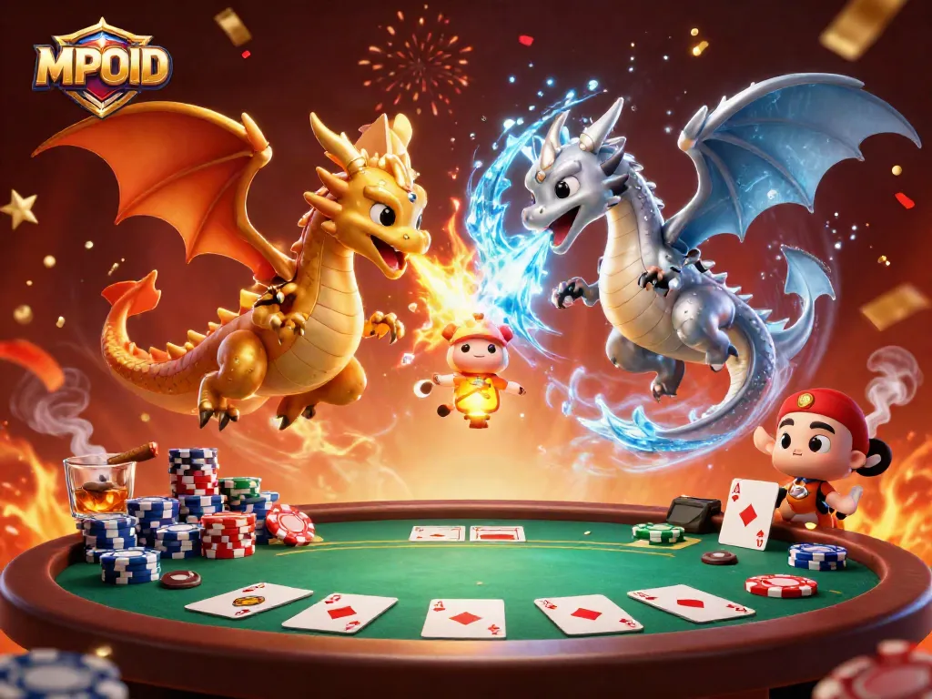 MPOID showcases a dynamic battle between twin dragons amidst epic poker elements and festive ambience.