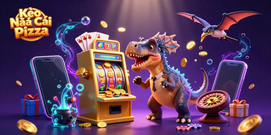 Kèo Nhà Cái Pizza features a playful 3D cartoon scene showcasing gambling excitement with dinosaurs and slot machines.