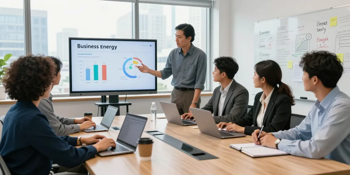 Engaged team in a modern office discussing how to switch business energy suppliers effectively.