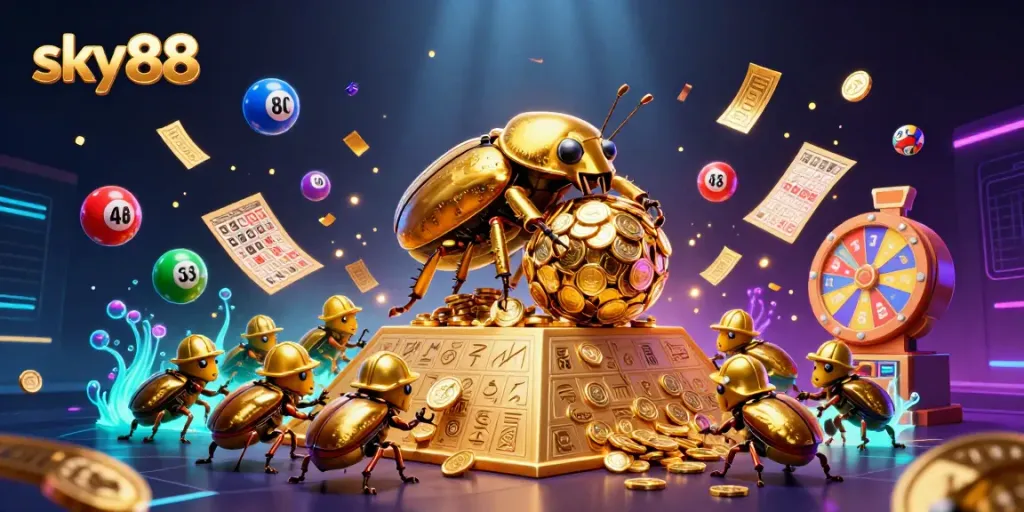 Experience the thrilling world of sky88 with dynamic colorful lottery elements and vibrant casino features.