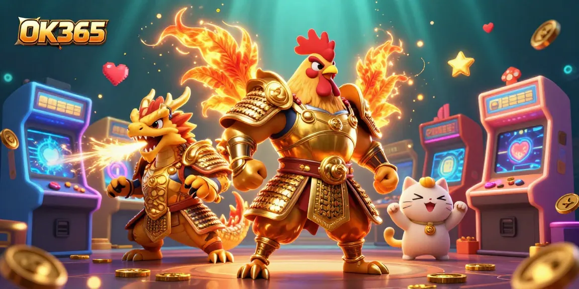 Experience the excitement of OK365 with a thrilling 3D casino illustration featuring vibrant characters and game elements.