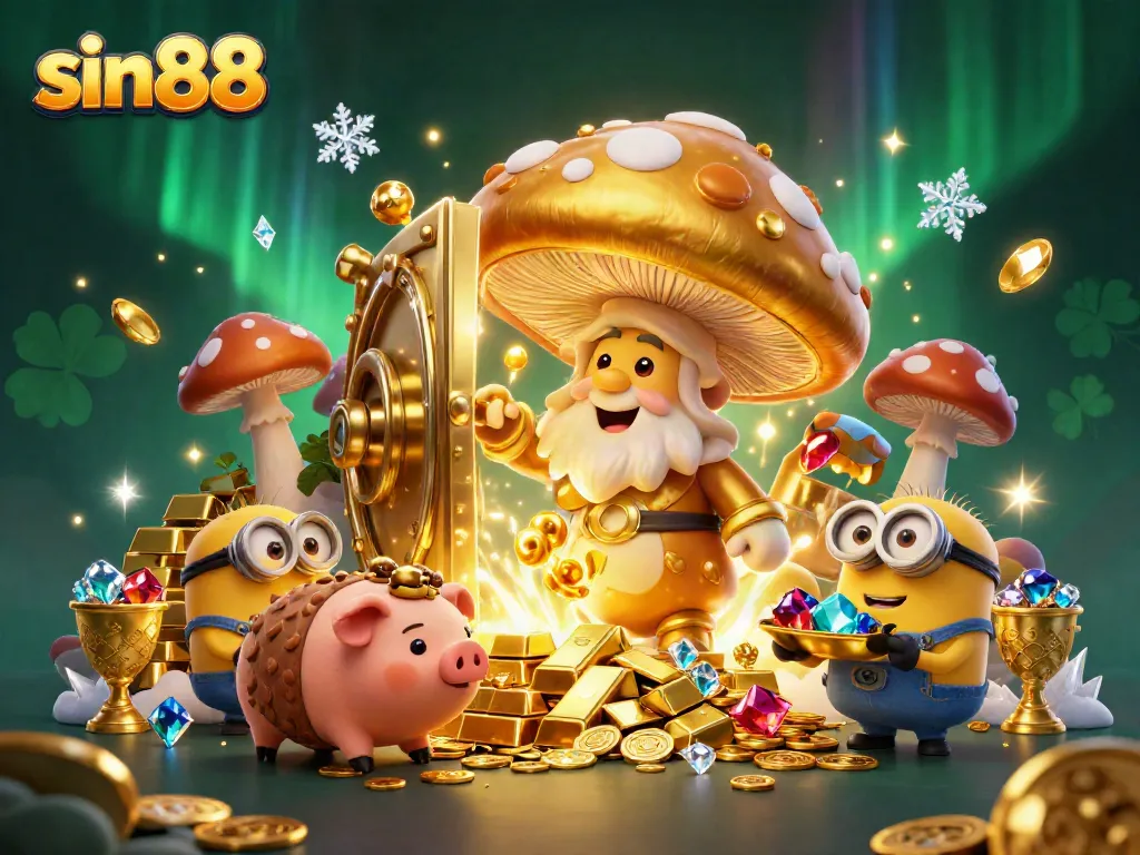 Experience exciting casino adventures with sin88 in this rich 3D illustration showcasing golden treasures and characters.
