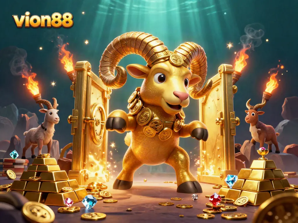 Join the excitement at Vion88, where a golden ram charges through a treasure-filled casino!