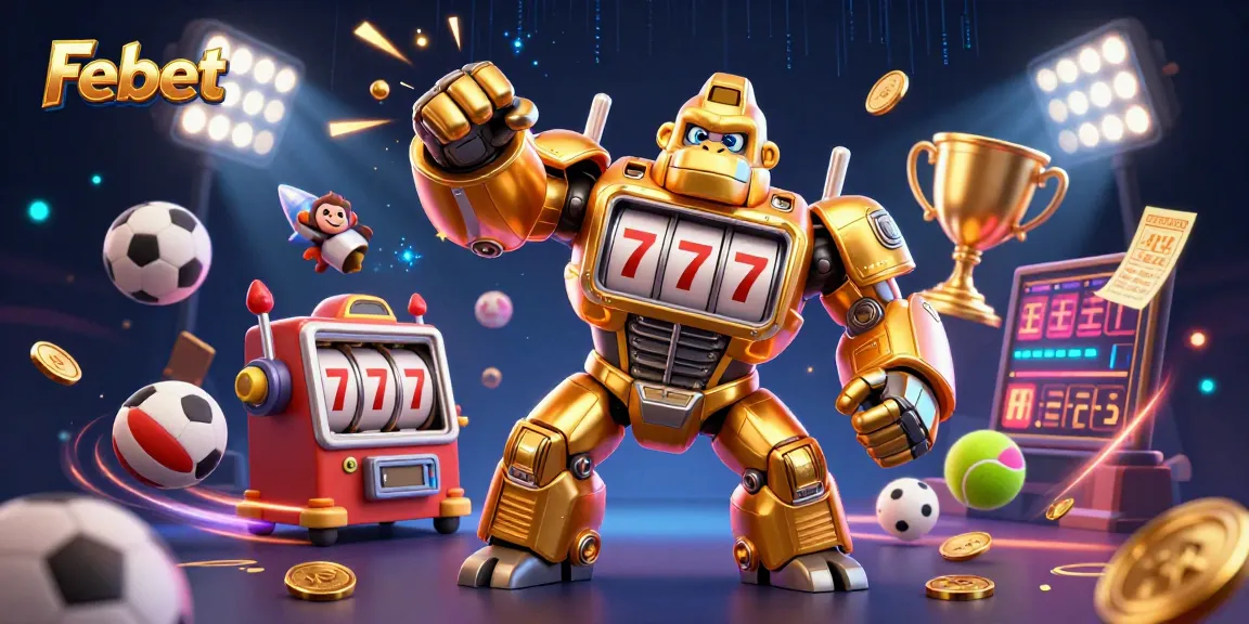 Engage with Febet’s dynamic gaming scene featuring a golden gorilla mech and exciting sports elements.