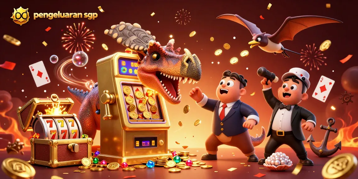 Experience thrilling pengeluaran sgp as a pachycephalosaurus interacts with a slot machine amidst a vibrant casino scene.