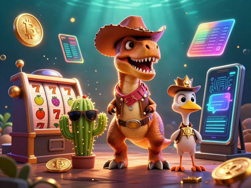 Experience thrilling slot action with a colorful 3D dinosaur, cactus, and roadrunner!