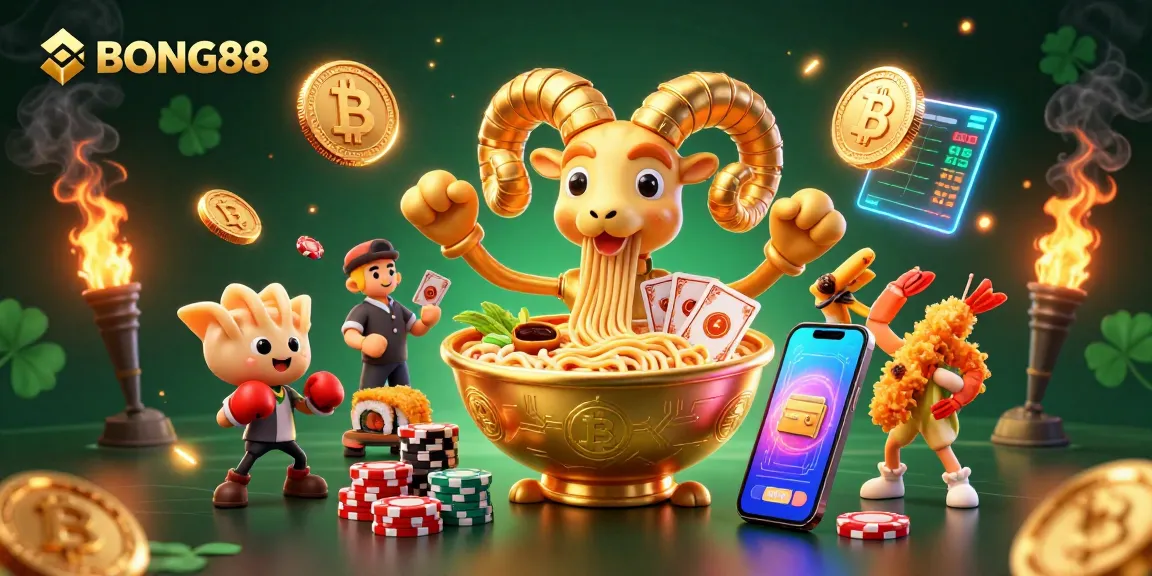 BONG88 inspires excitement with a vivid 3D illustration featuring a golden ramen bowl dealer and crypto elements.