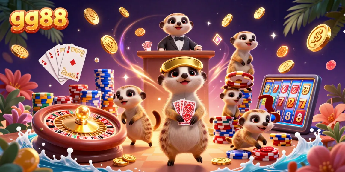 Join the fun at gg88 with a bustling meerkat casino scene featuring games and excitement!