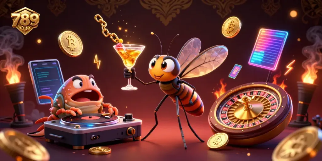 Experience the excitement of 789CLUB with a vibrant 3D illustration showcasing a playful frozen-in-amber mosquito mascot.
