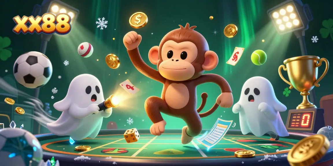 Engage in thrilling gameplay with xx88's vibrant casino scene featuring a playful monkey and ghost-hunter puppy.