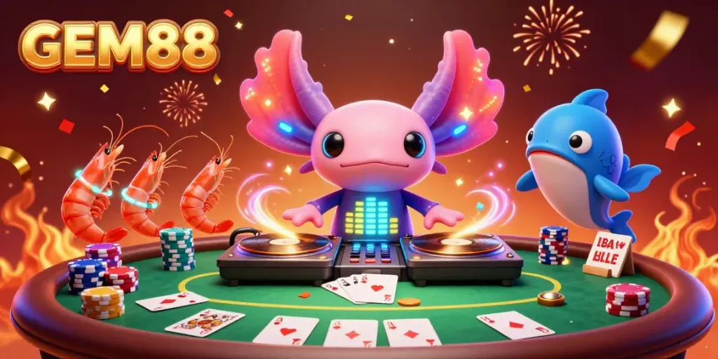 Experience GEM88's vibrant underwater casino with a neon axolotl DJ and energetic sea creatures enjoying poker.