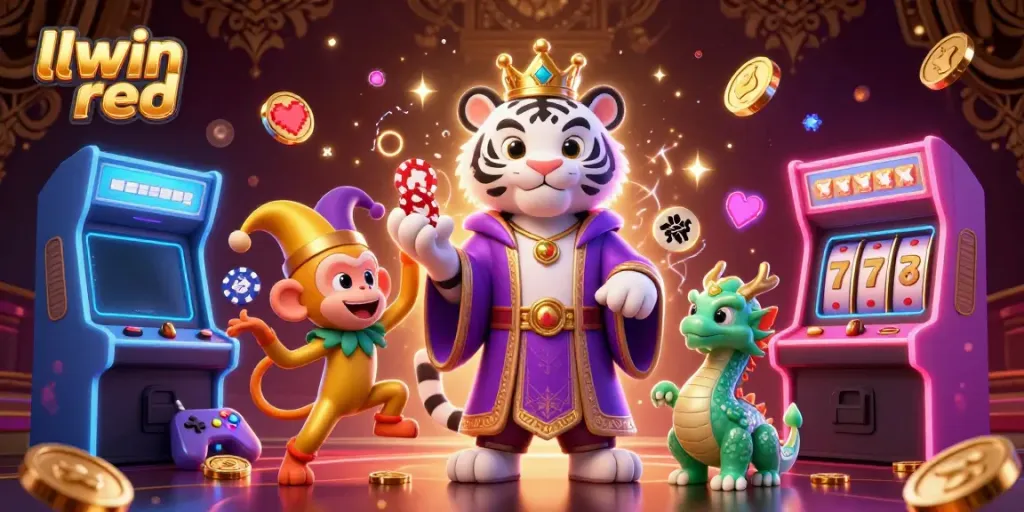 Engage with llwin red in this dynamic casino scene featuring a majestic tiger and playful monkey.