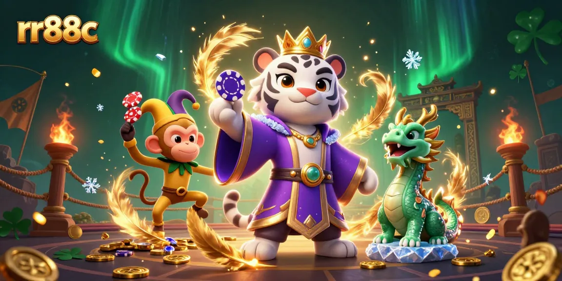 Engage with rr88c's vibrant casino world featuring a playful monkey, majestic tiger, and magical dragon.