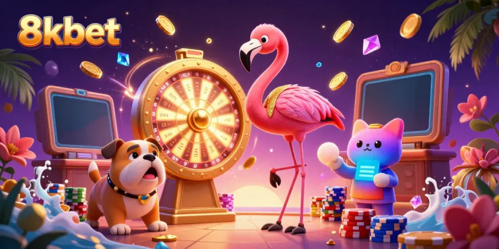 Spin the prize wheel with 8xbet's vibrant casino scene featuring animated characters and exciting game elements.