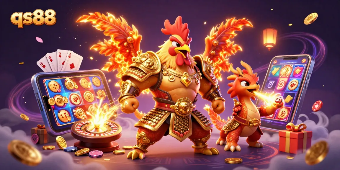 Experience thrilling wins with qs88 as a samurai rooster warrior stands guard over lively slot games.