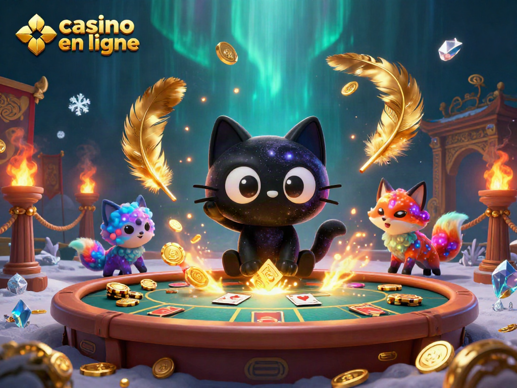 Jouez à casino en ligne aux côtés d'un chat noir cosmique attrapant des jetons dorés avec un renard nébuleux.