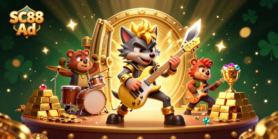 Engage with SC88 Ad through an electrifying casino scene featuring dynamic characters and vibrant treasures.
